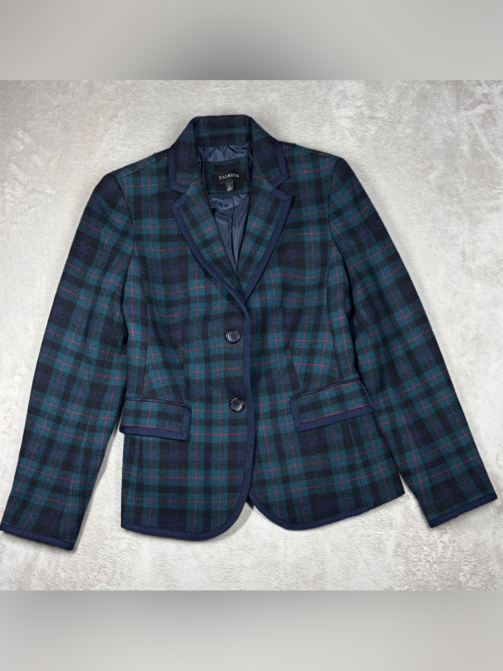 Talbots Tartan Plaid Wool Blend Green Blue Black Collared Buttoned Blazer Size 2